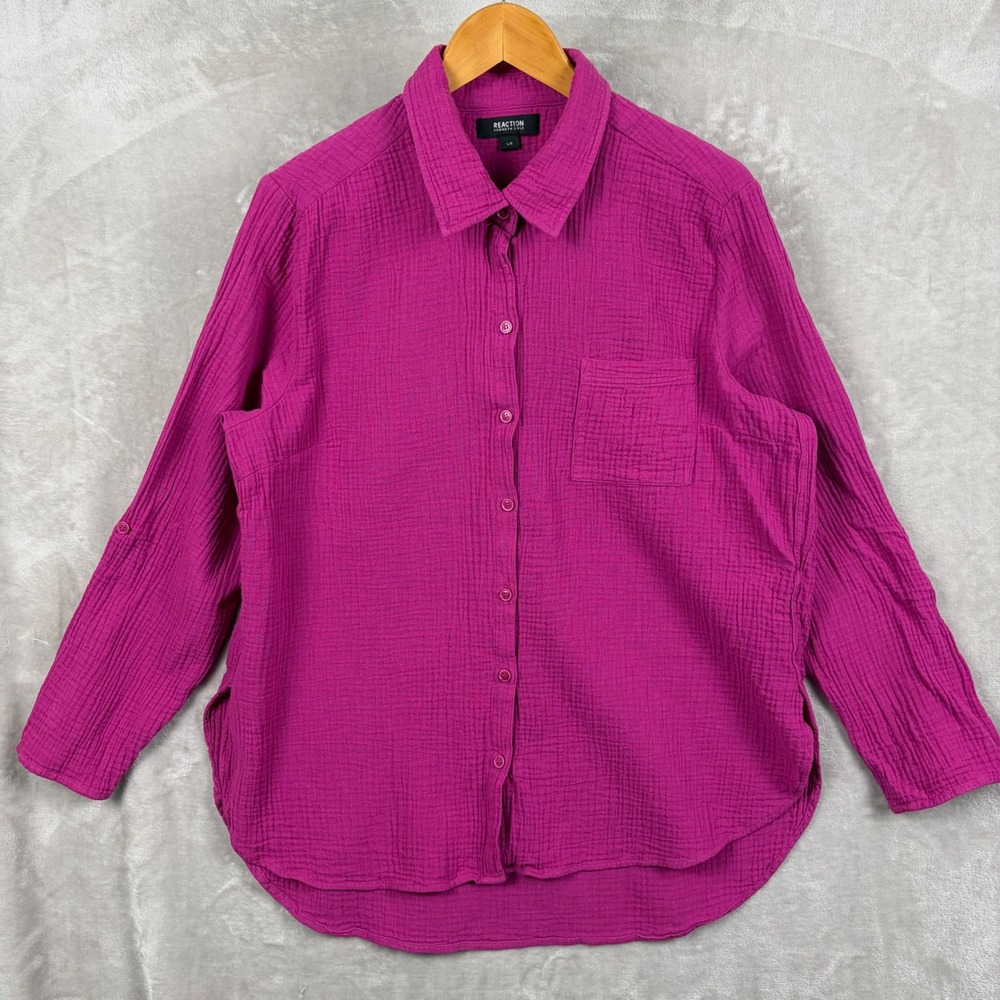 Kenneth Cole Reaction Shirt Top Women's Sz L Hot Pink Gauze Crinkle Button Up